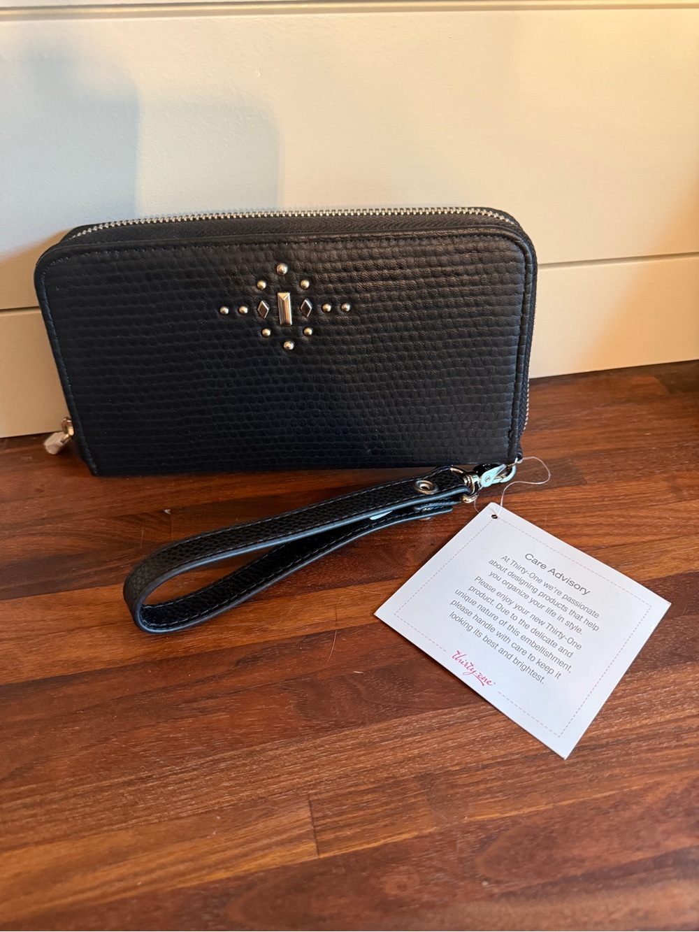 Thirty-One Faux Leather Black Studded Zip Wristlet